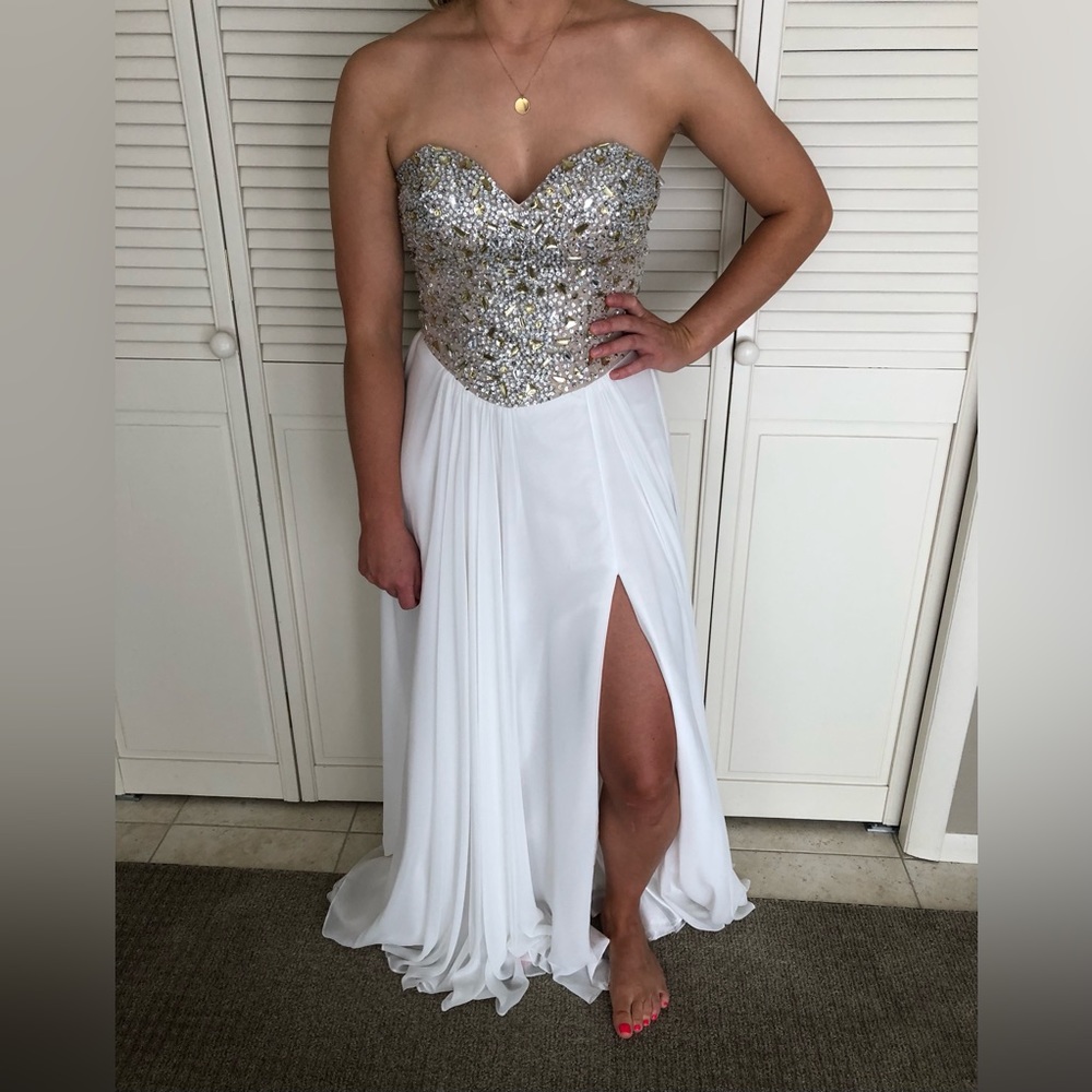 Stunning white prom dress with jeweled bodice